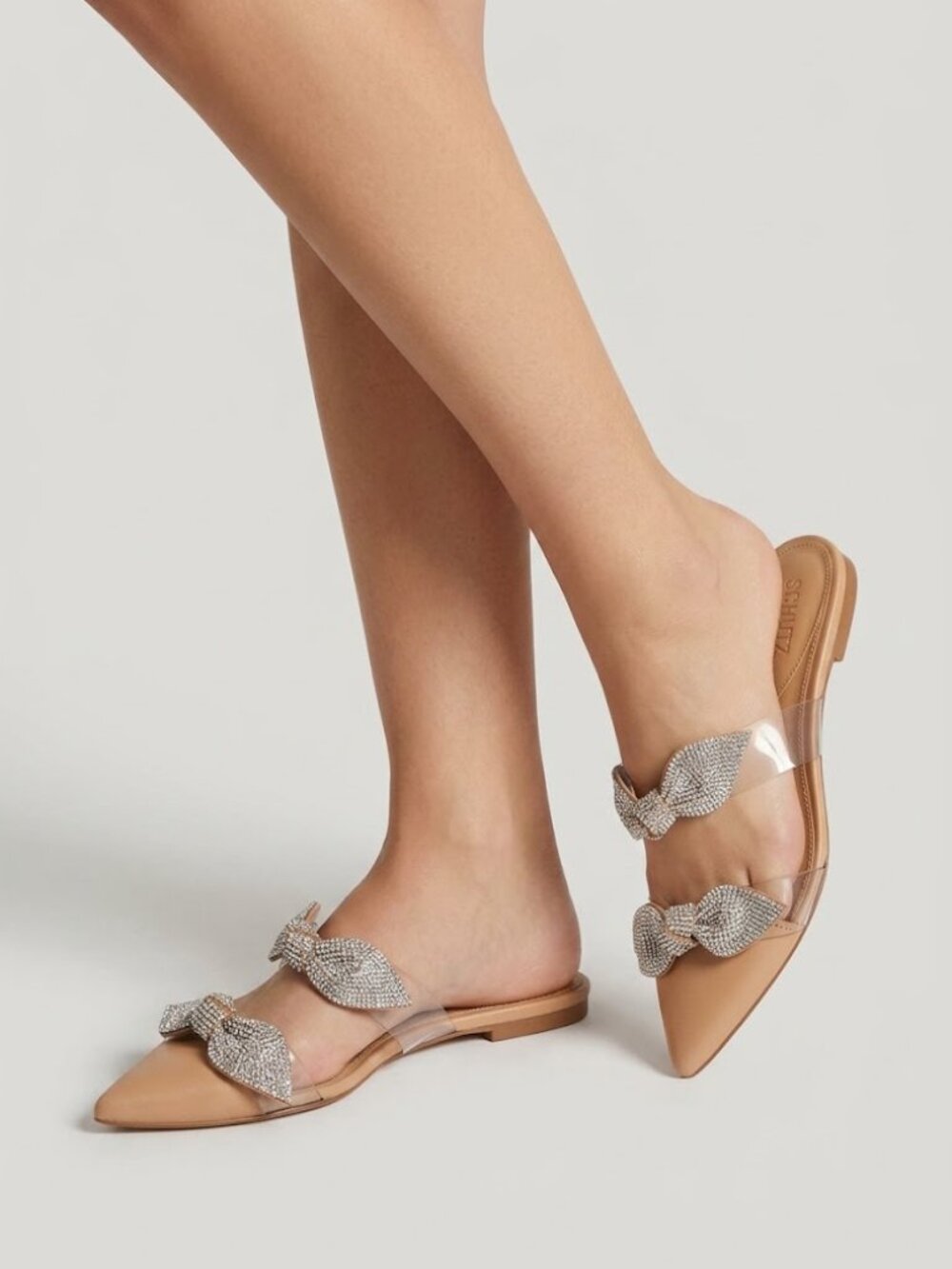 SCHUTZ Tan Mules with Silver Bow Accents size 8.5